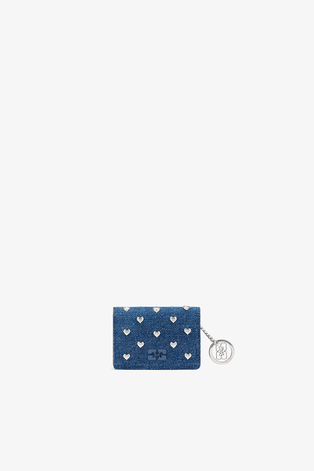 Bou Card Holder With Flap Heart Studs in Denim, Recycled Cotton, in colour Faded Denim - 1 - GANNI