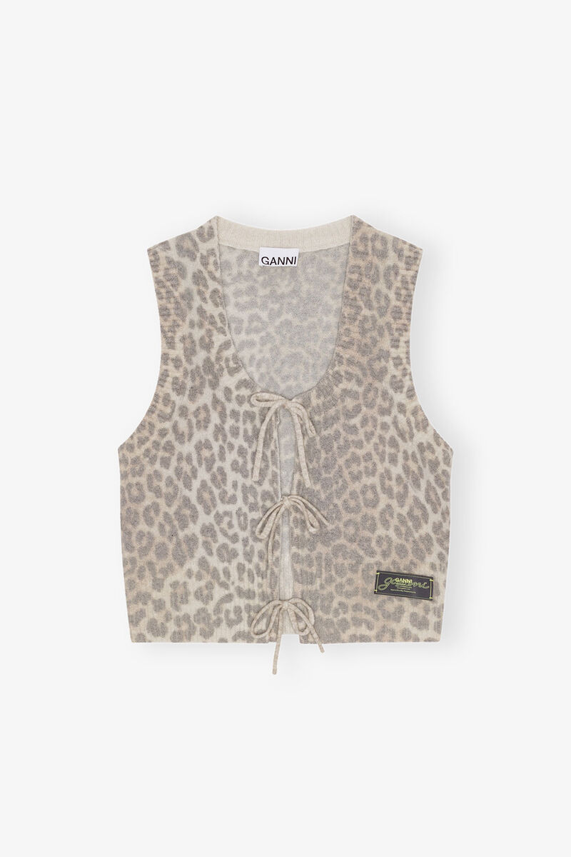 Leopard Tie String Vest, Alpaca, in colour Leopard - 1 - GANNI