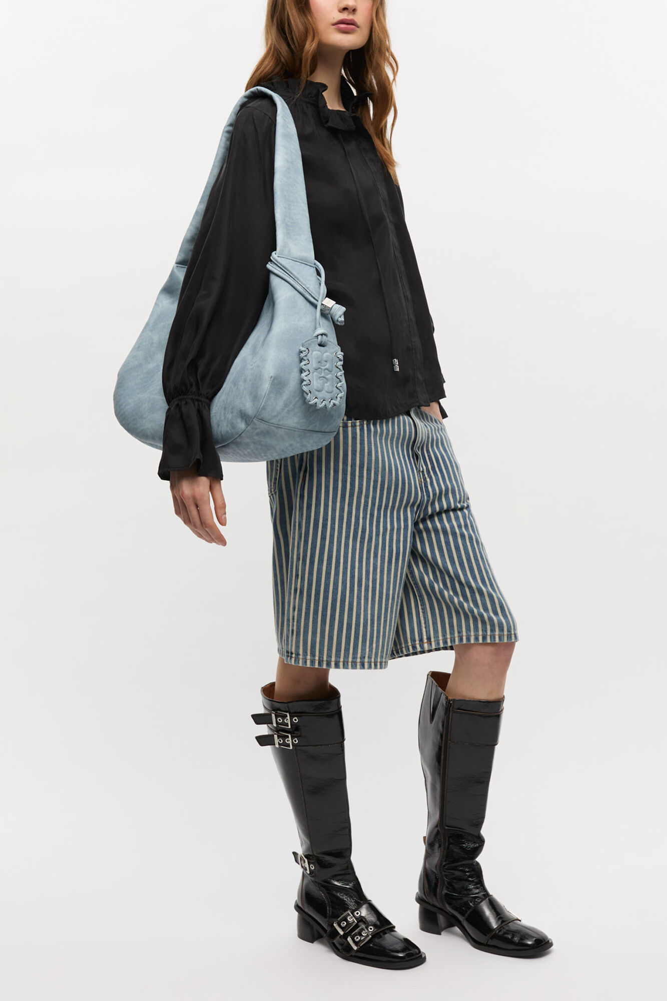 Bleached Medium Hobo Bag, Recycled Polyester, in colour Celestial Blue - 1 - GANNI
