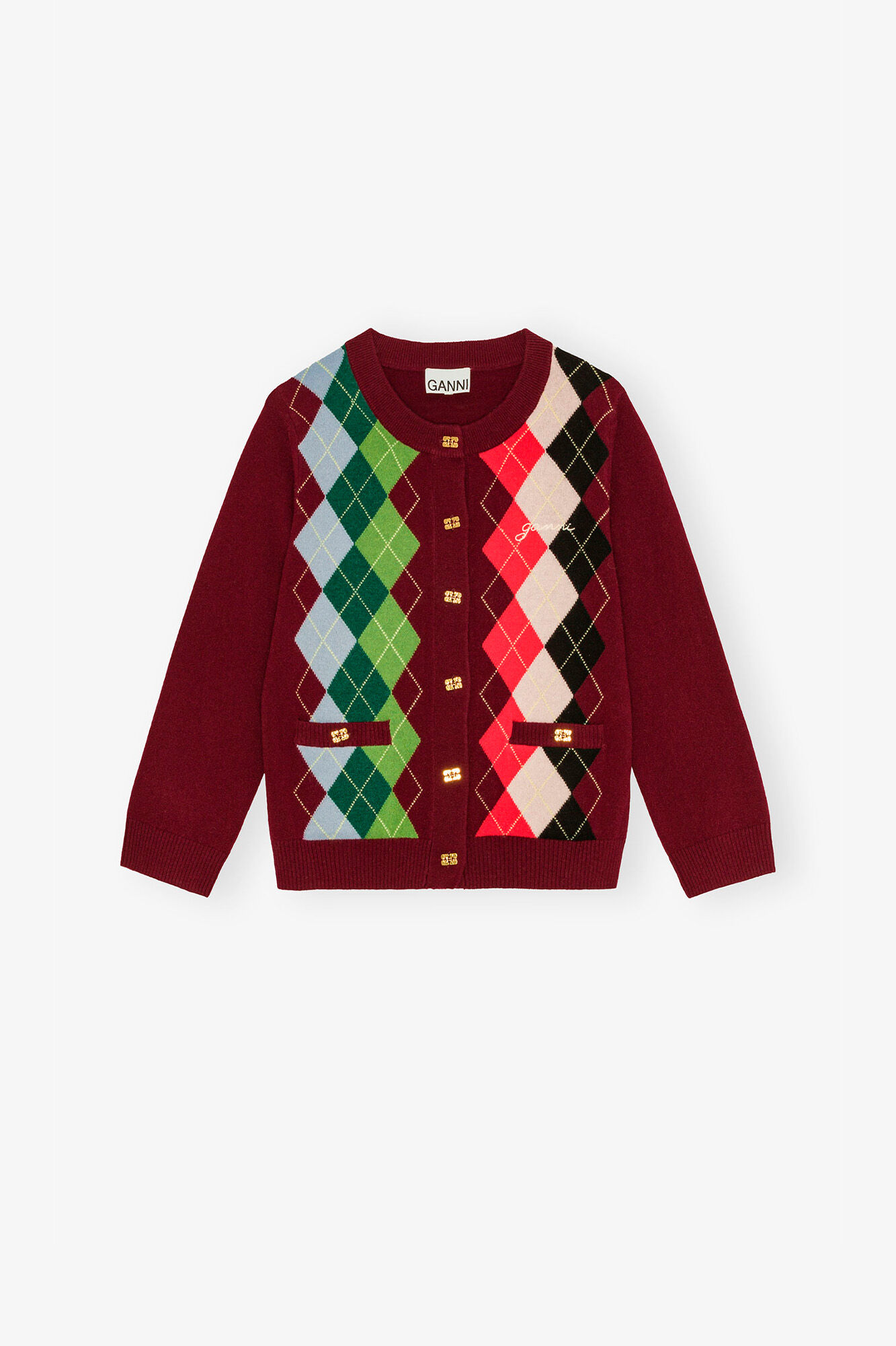 Burgundy Check Cardigan, Merino Wool, in colour Tawny Port - 1 - GANNI