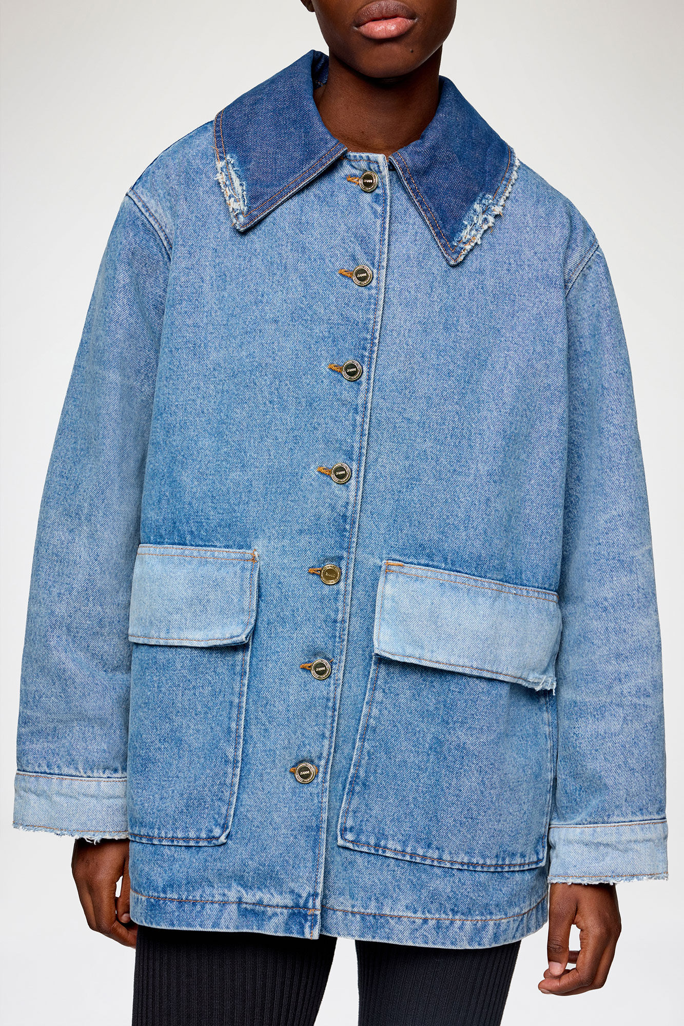 Jacket in Patchwork Denim, Organic Cotton, in colour Mid Blue Vintage - 3 - GANNI