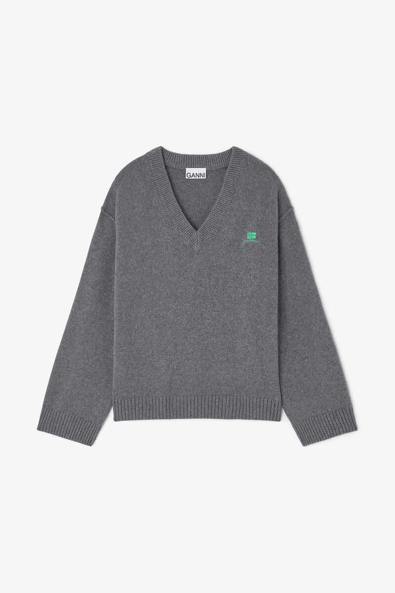 Grey Wool Mix V-neck Jumper, Wool, in colour Charcoal Grey - 1 - GANNI