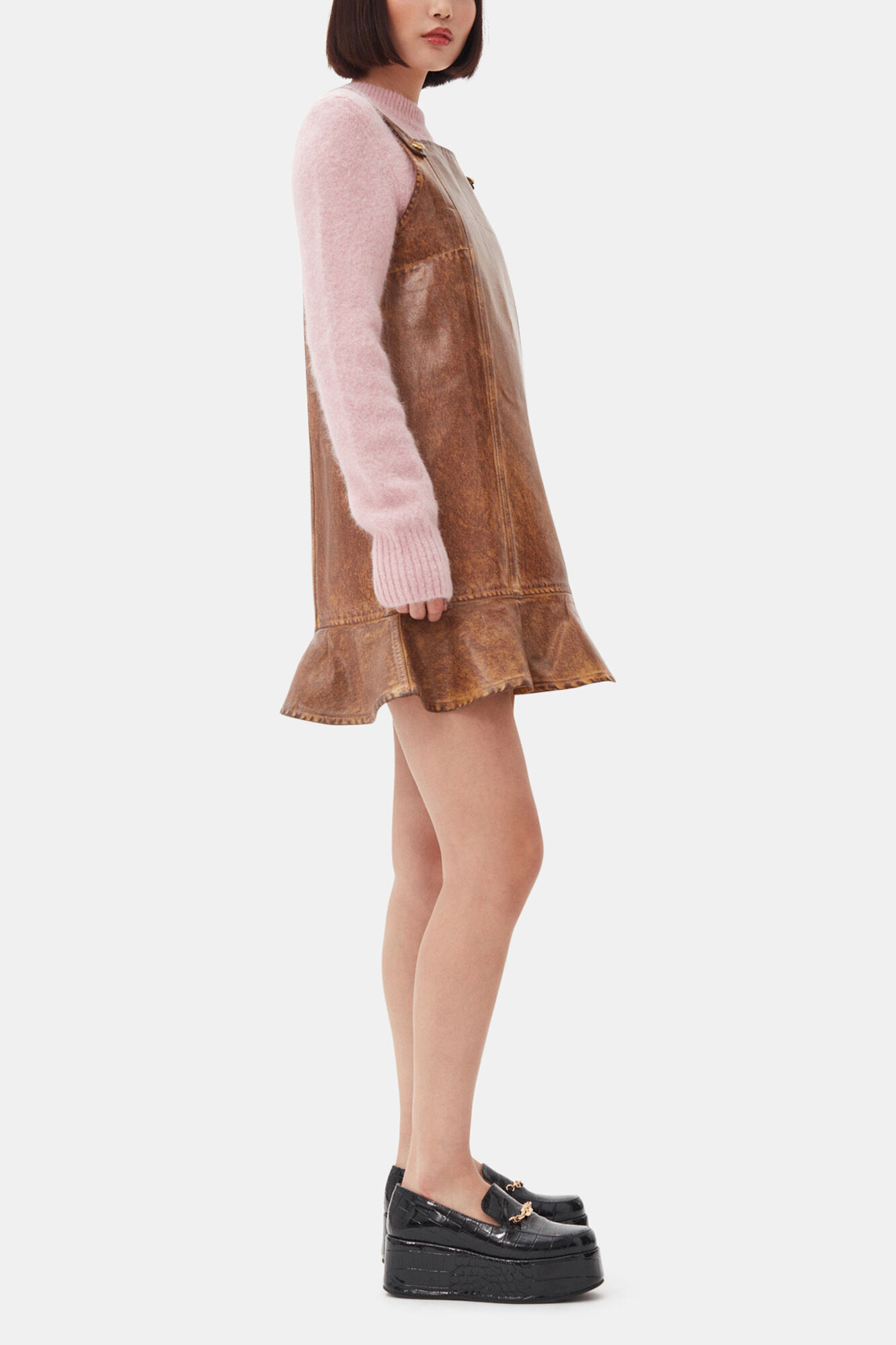 Braunes Denim-Mini-Kleid mit Folien-Finish, Organic Cotton, in colour Cognac - 3 - GANNI