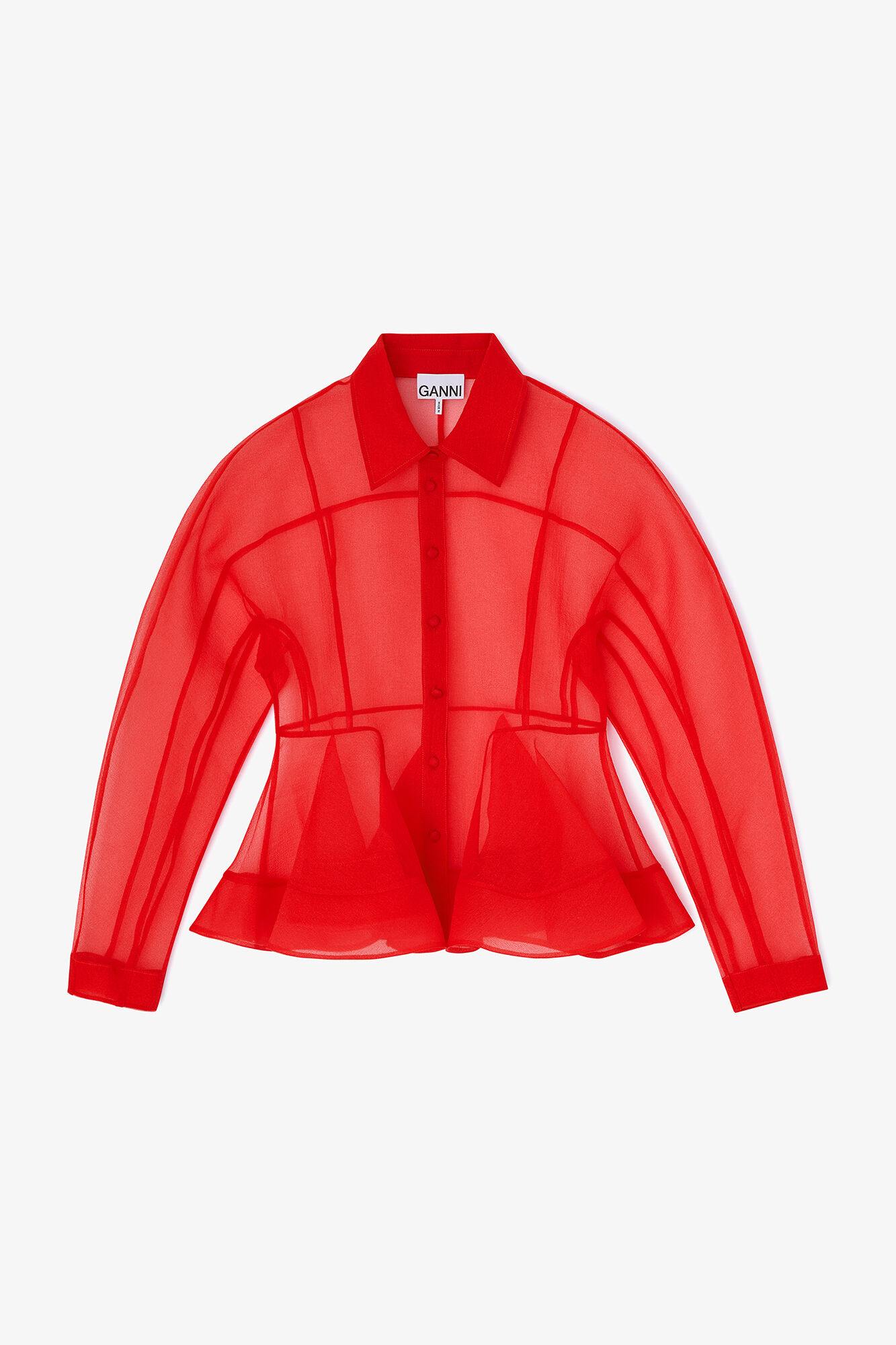 Rotes Organza-Peplum-Hemd, Recycled Polyester, in colour Mars Red - 1 - GANNI