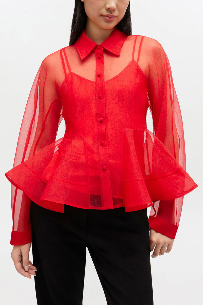 Rotes Organza-Peplum-Hemd, Recycled Polyester, in colour Mars Red - 1 - GANNI