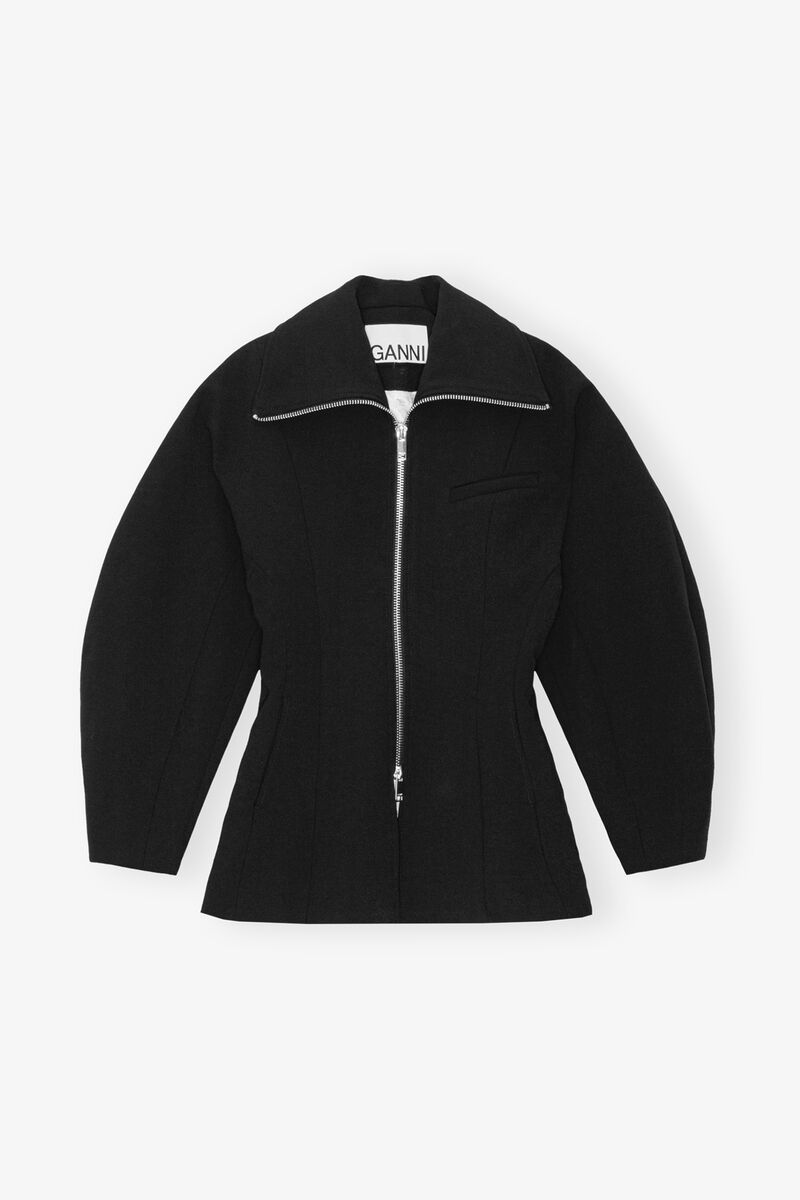 Black Bonded Crepe Curve Sleeve Jacket, Recycled Polyester, in colour Black - 1 - GANNI