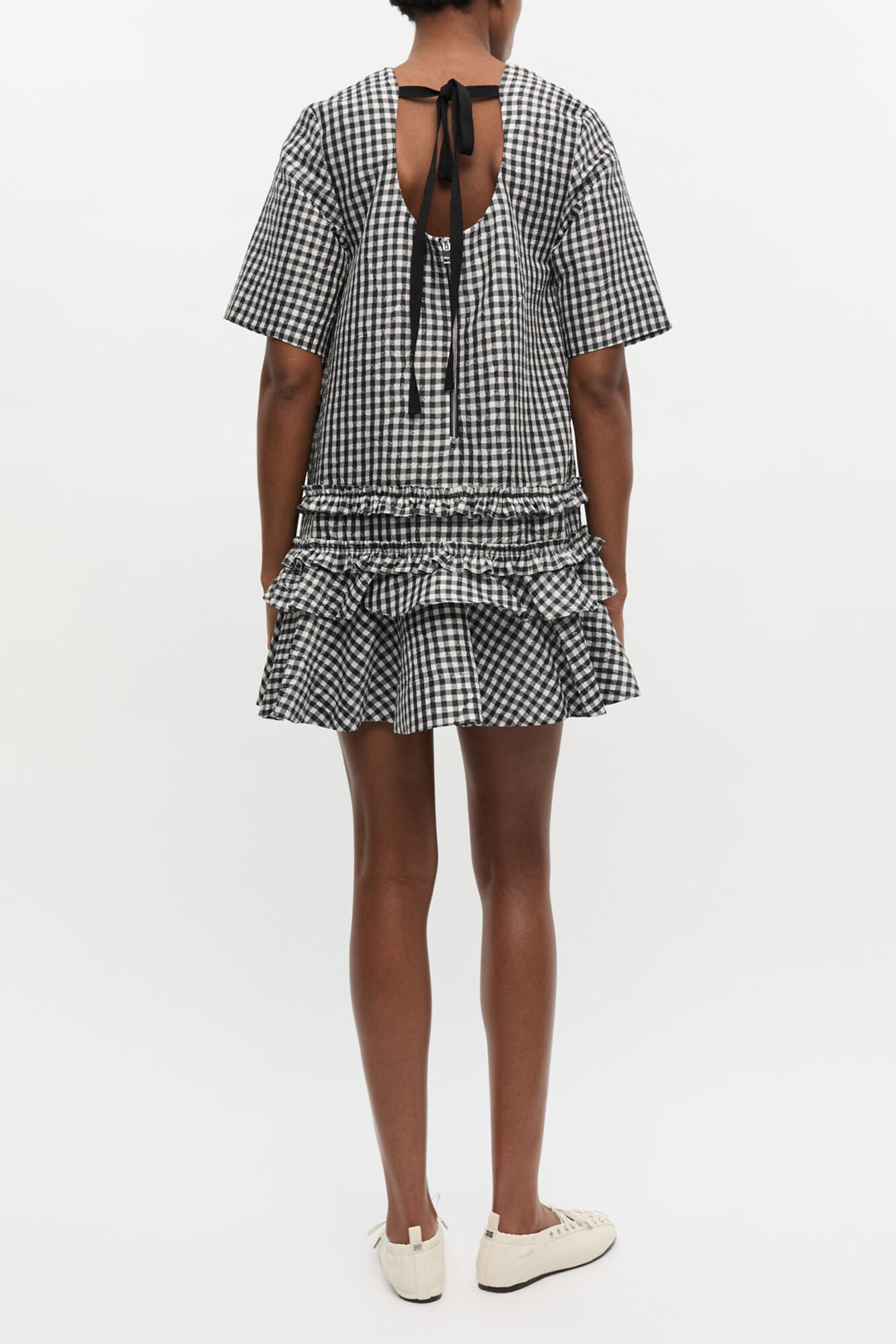 Crinkled Check Mini Dress, Recycled Polyester, in colour Black - 1 - GANNI