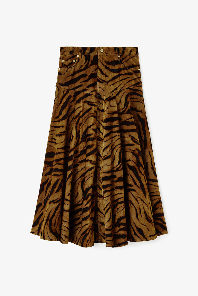 Tiger Print Denim Skirt, Khaki