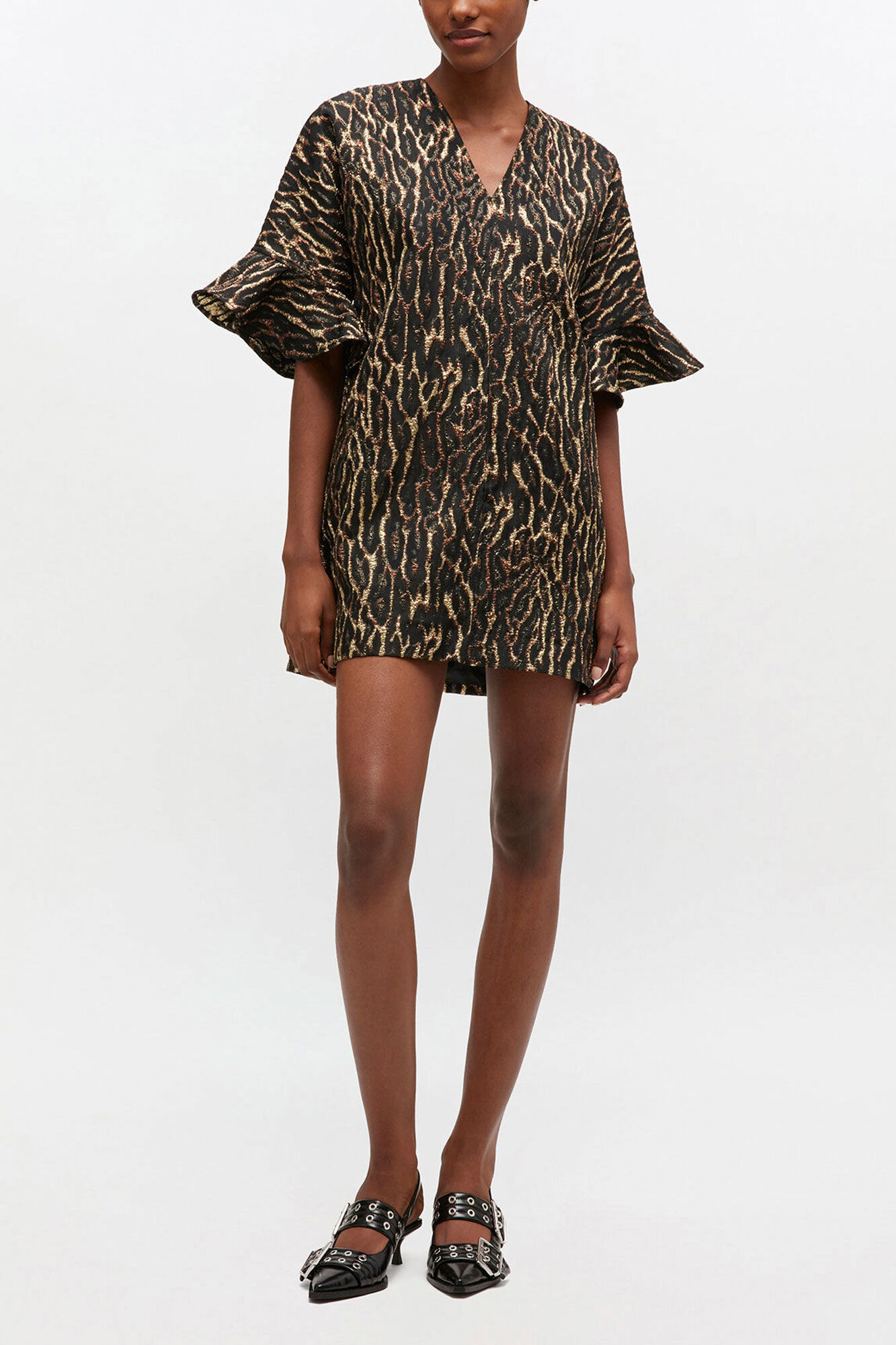 Metallic Cloque Mini Ruffle Dress, Recycled Polyester, in colour Antique Bronze - 1 - GANNI