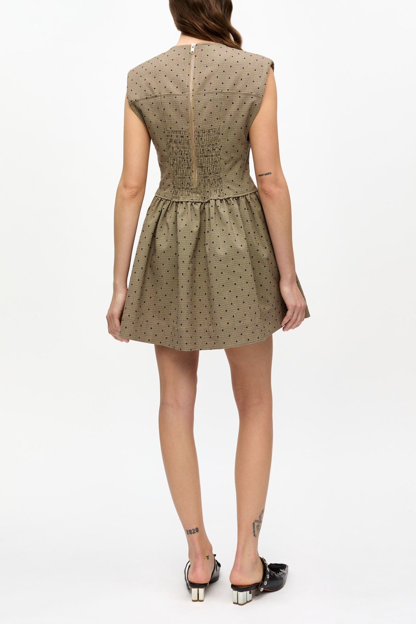 Brown Flock Suiting Corset Mini Dress, Recycled Polyester, in colour Tiger's Eye - 2 - GANNI