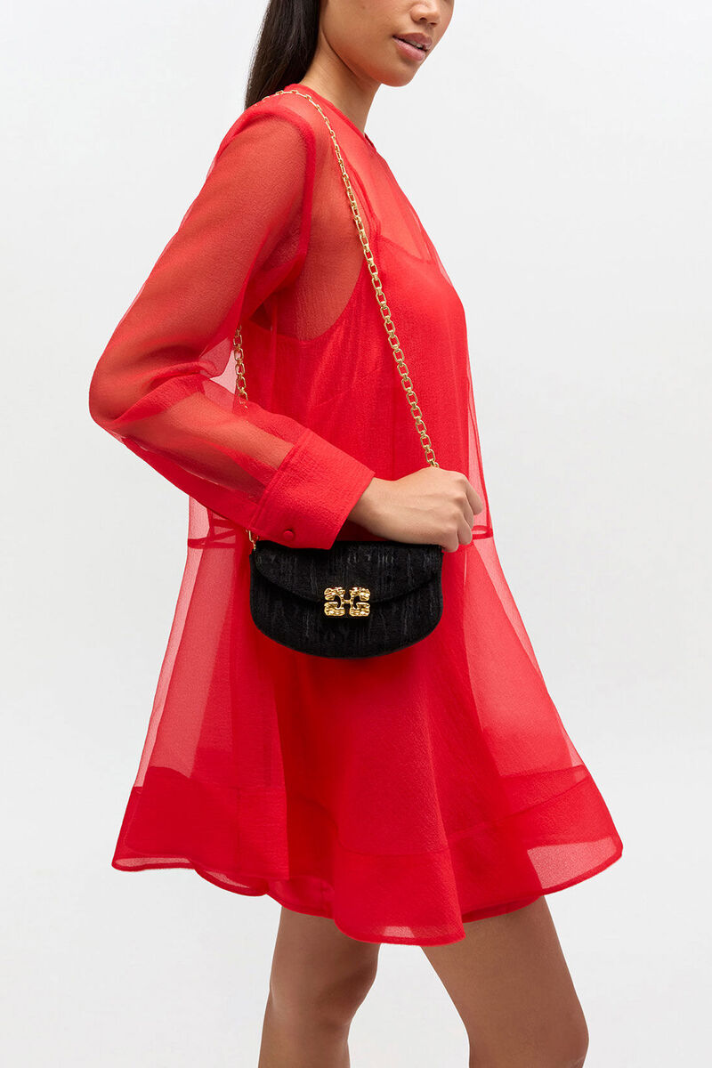 Lulu Wallet On Chain in Velvet Moire, Recycled Polyester, in colour Black - 1 - GANNI