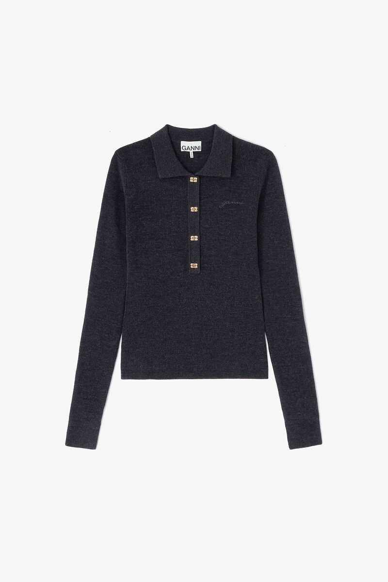 Knitted Polo Shirt, Wool, in colour Phantom - 1 - GANNI