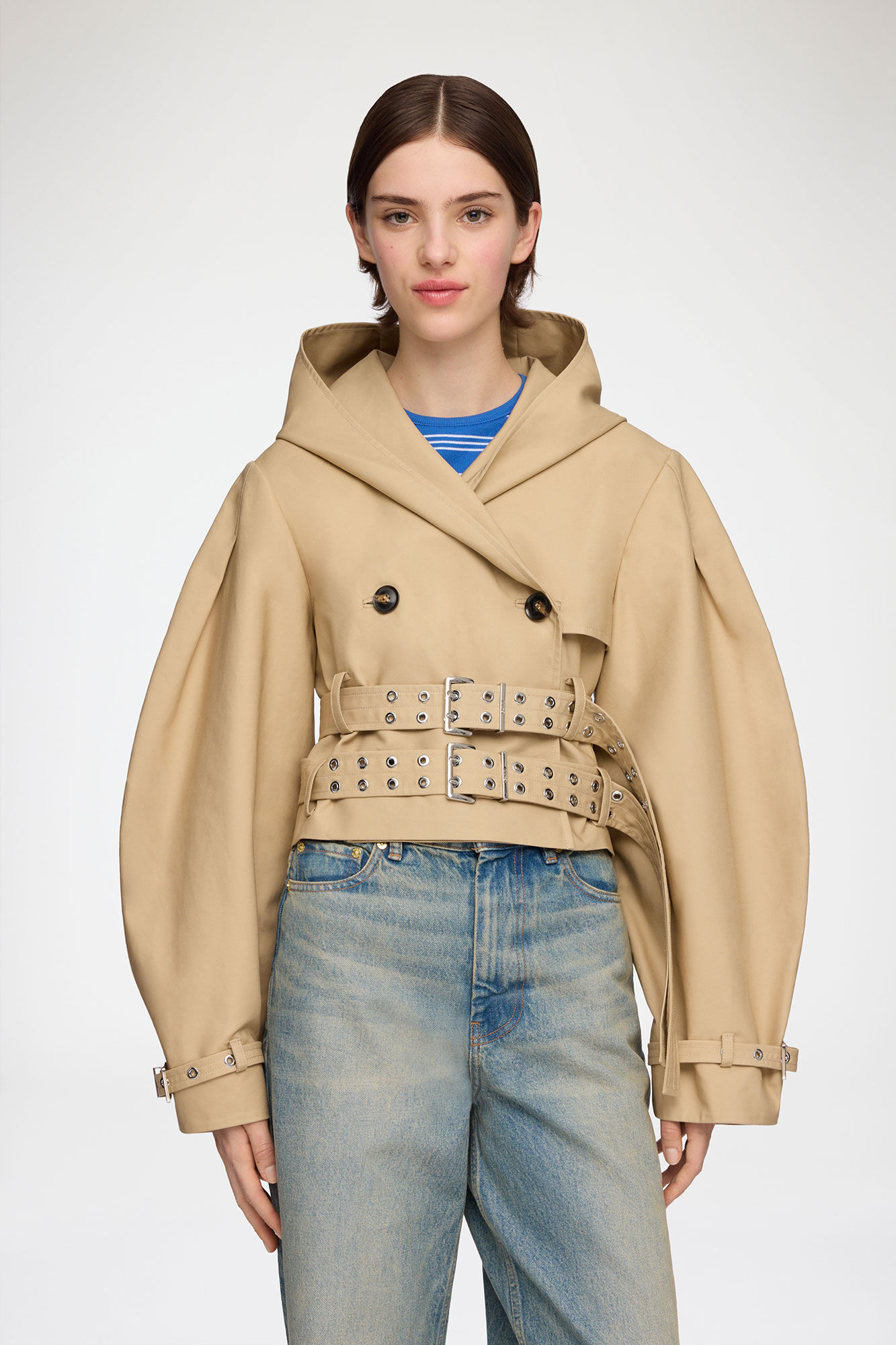 Trenchjakke i dobbel bomull, Organic Cotton, in colour Warm Sand - 1 - GANNI