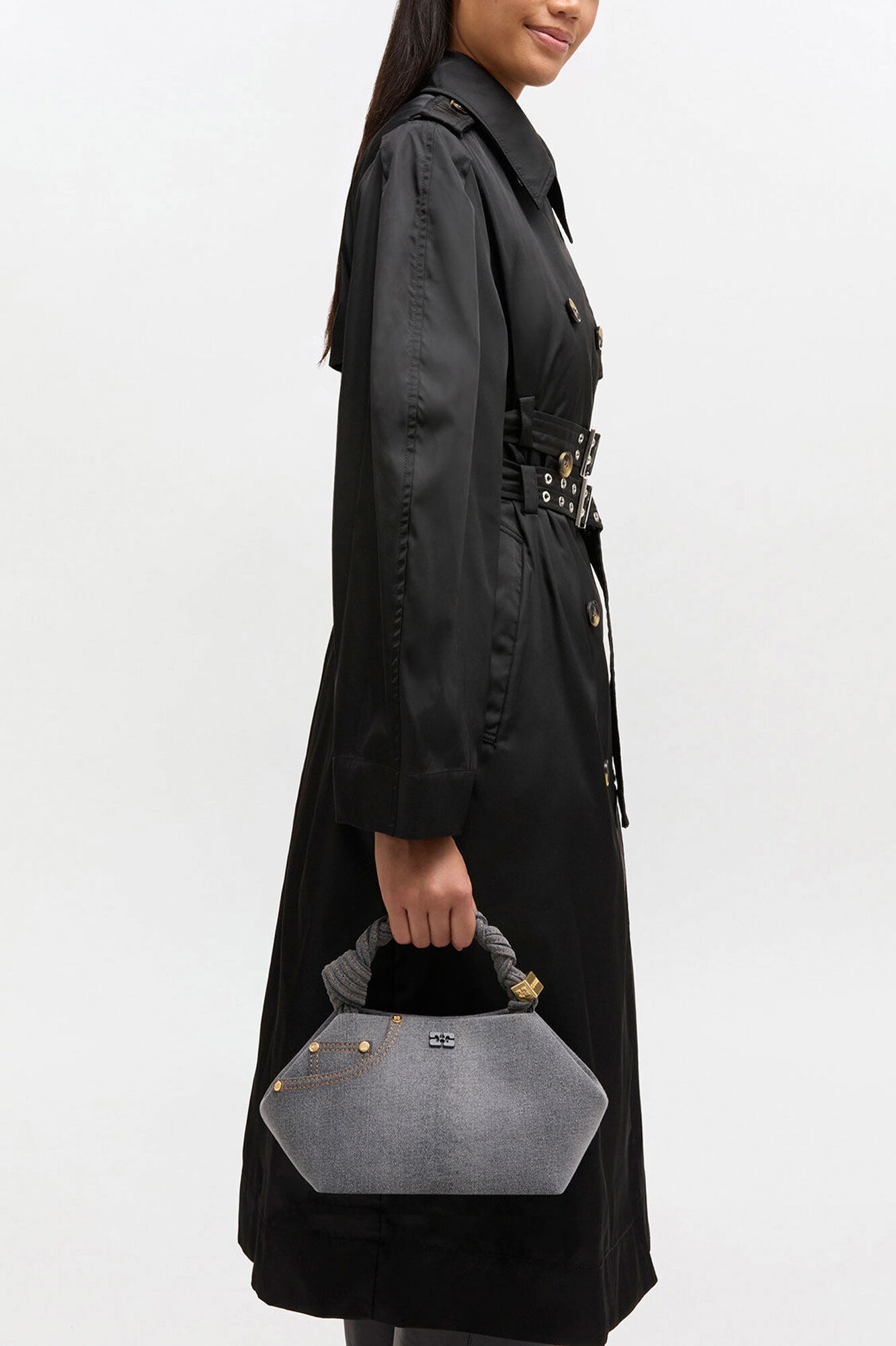 Washed Grey Small Bou Bag, Recycled Cotton, in colour Lava Smoke - 1 - GANNI