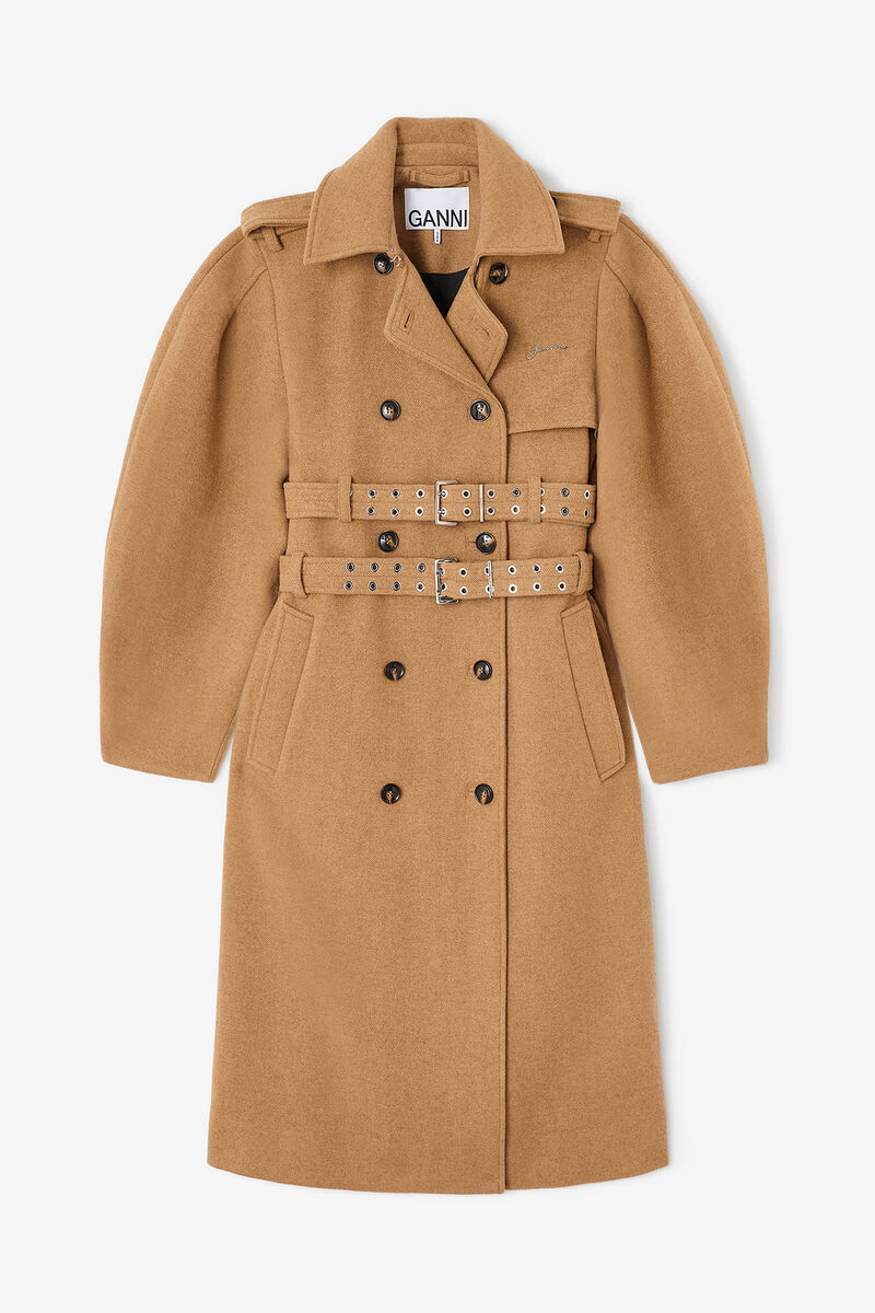 Woll-Trenchcoat, Wool, in colour Tiger's Eye - 1 - GANNI
