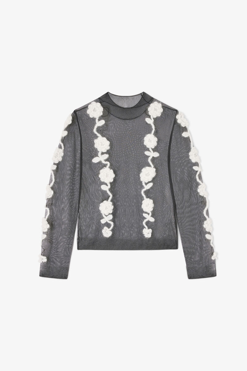 Black Flower Crochet Turtleneck, Recycled Polyamide, in colour Black - 1 - GANNI