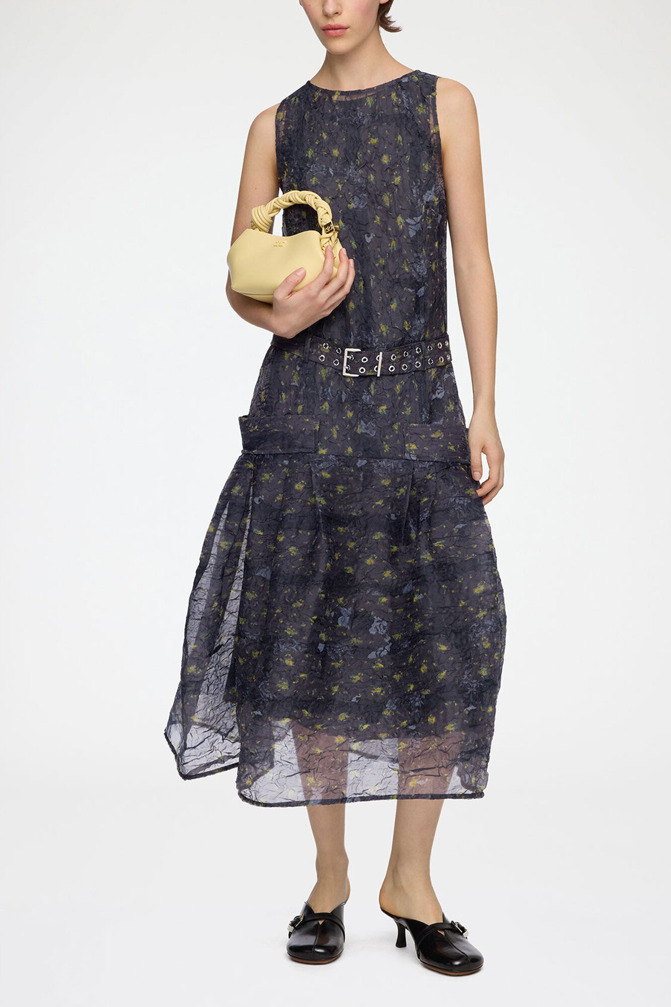 Robe en organza Shibori, Recycled Polyester, in colour Black Sand - 1 - GANNI