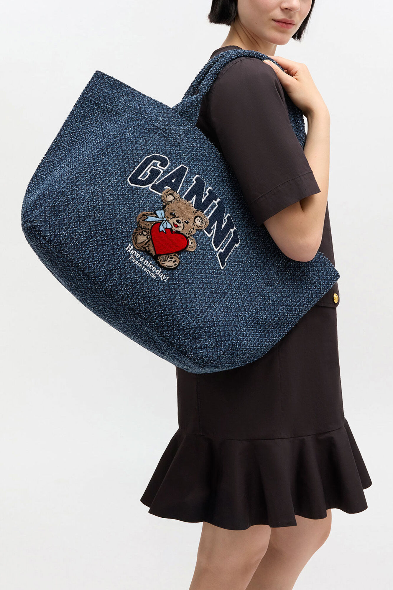 Denim Medium Bear Tote, Organic Cotton, in colour Rinse - 1 - GANNI