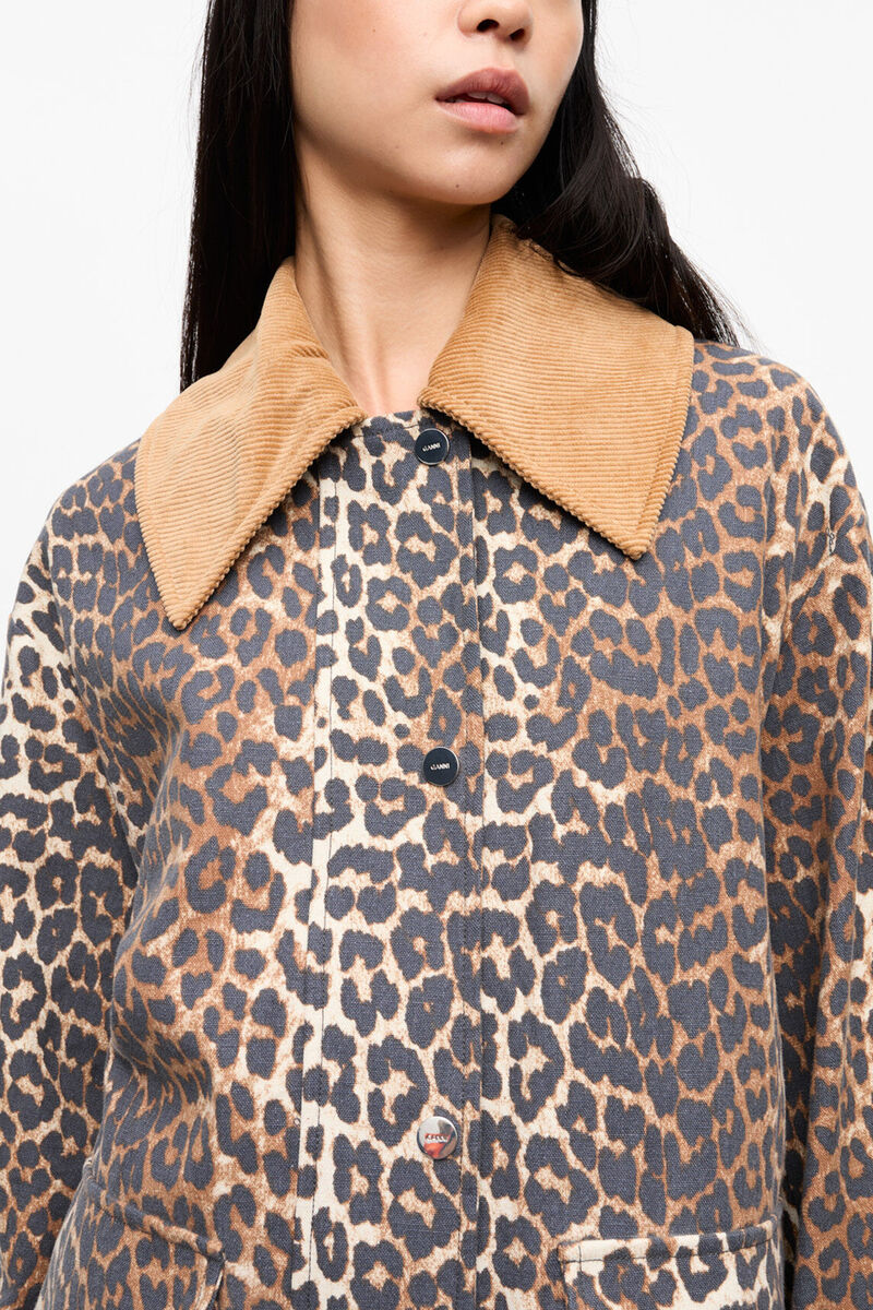 Leopard Printed Canvas Midi Jacket, Organic Cotton, in colour Almond Milk - 3 - GANNI