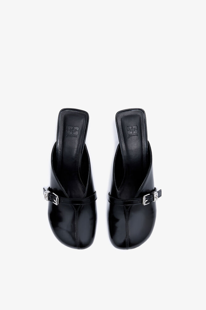 Sue Heeled Mules in Black Oleatex, Black