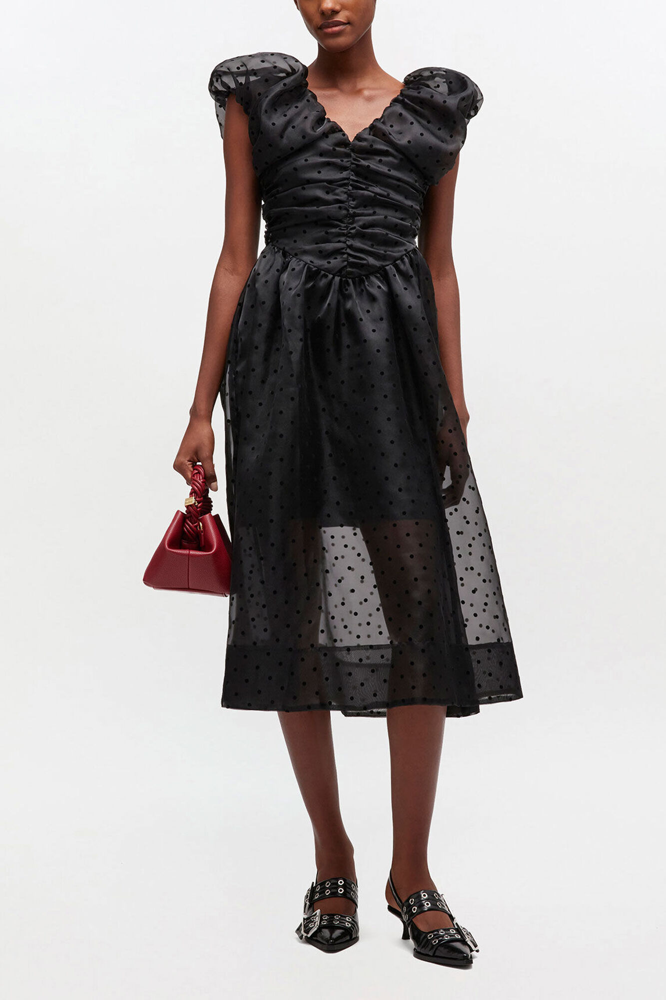 Black Organza Ruched Dress, Recycled Polyester, in colour Black - 1 - GANNI