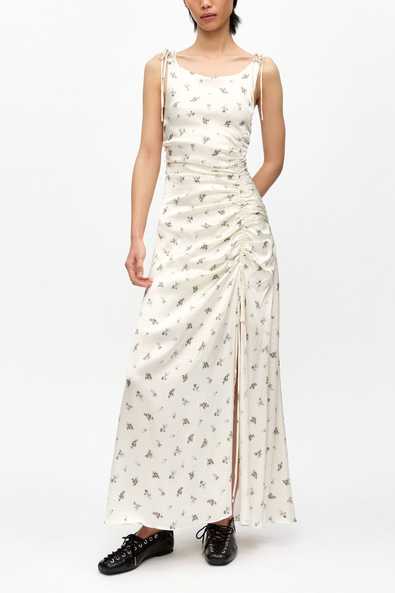 White Satin Gathered Dress, Viscose, in colour Egret - 1 - GANNI