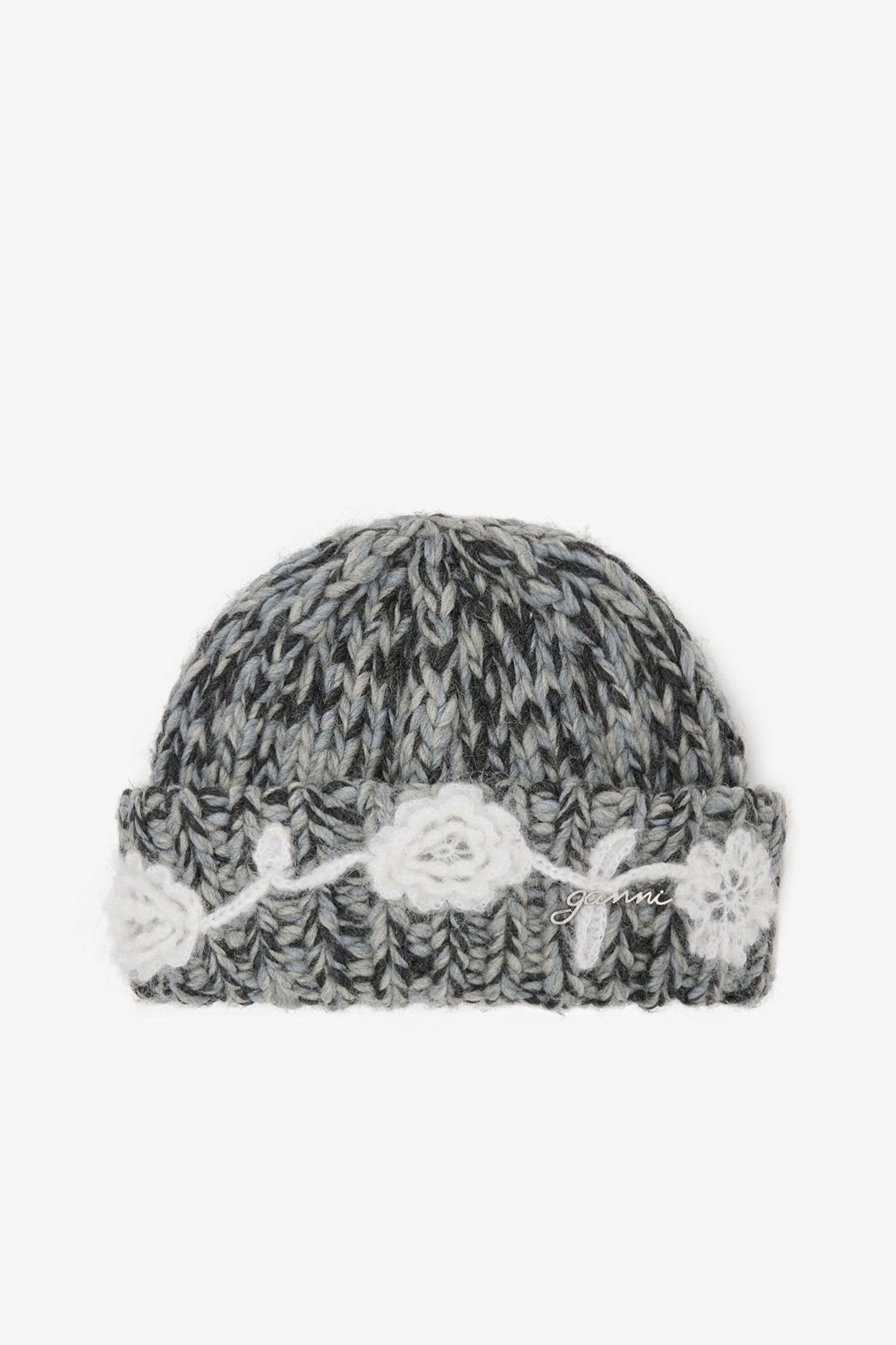 Grey Wool Handknit Beanie, Wool, in colour Phantom - 1 - GANNI