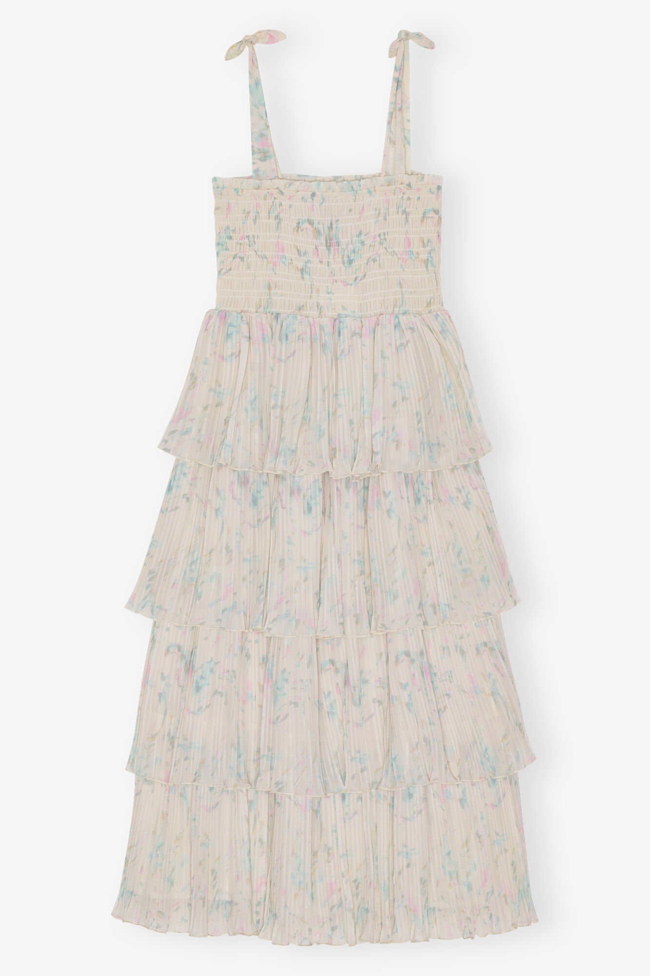 Floral Printed Pleated Georgette Strap Smock Midi Dress, Recycled Polyester, in colour Tofu - 1 - GANNI
