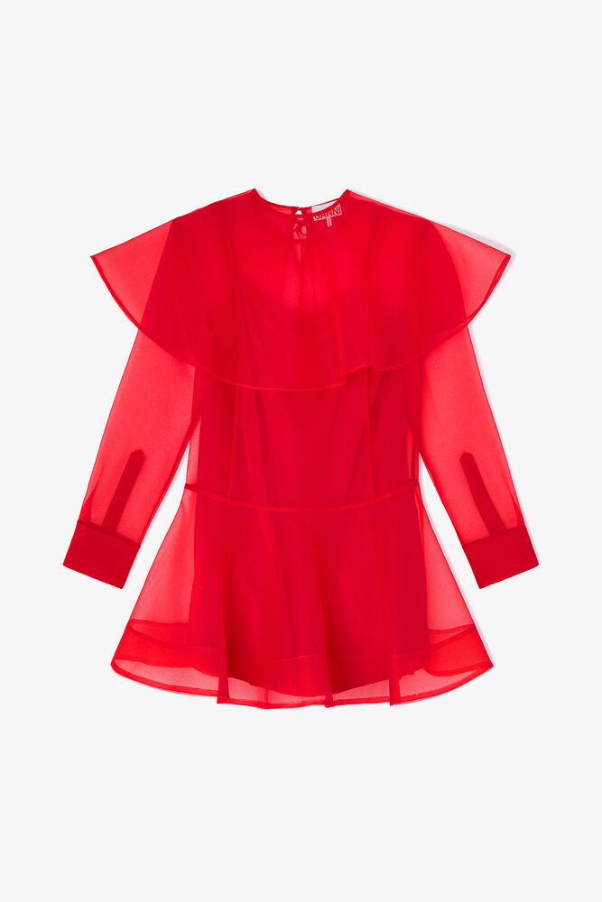Red Organza Circle Collar Dress, Mars Red
