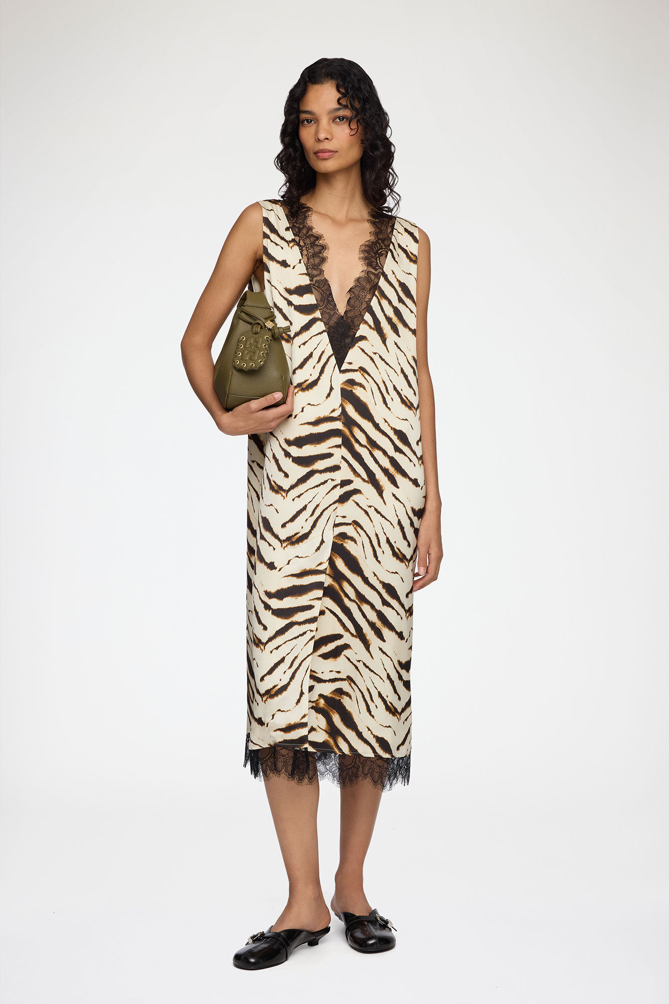 Dress in Zebra Satin, Viscose, in colour Egret - 1 - GANNI