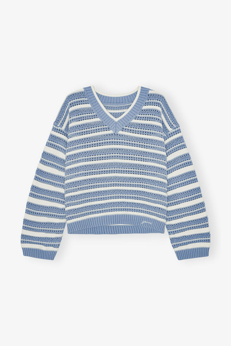 Blue Striped Cotton V-neck Jumper, Organic Cotton, in colour Egret - 1 - GANNI