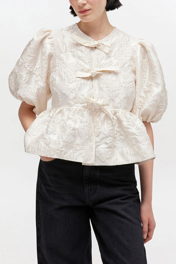 Satinbluse mit Peplum und Bindeband, Egret