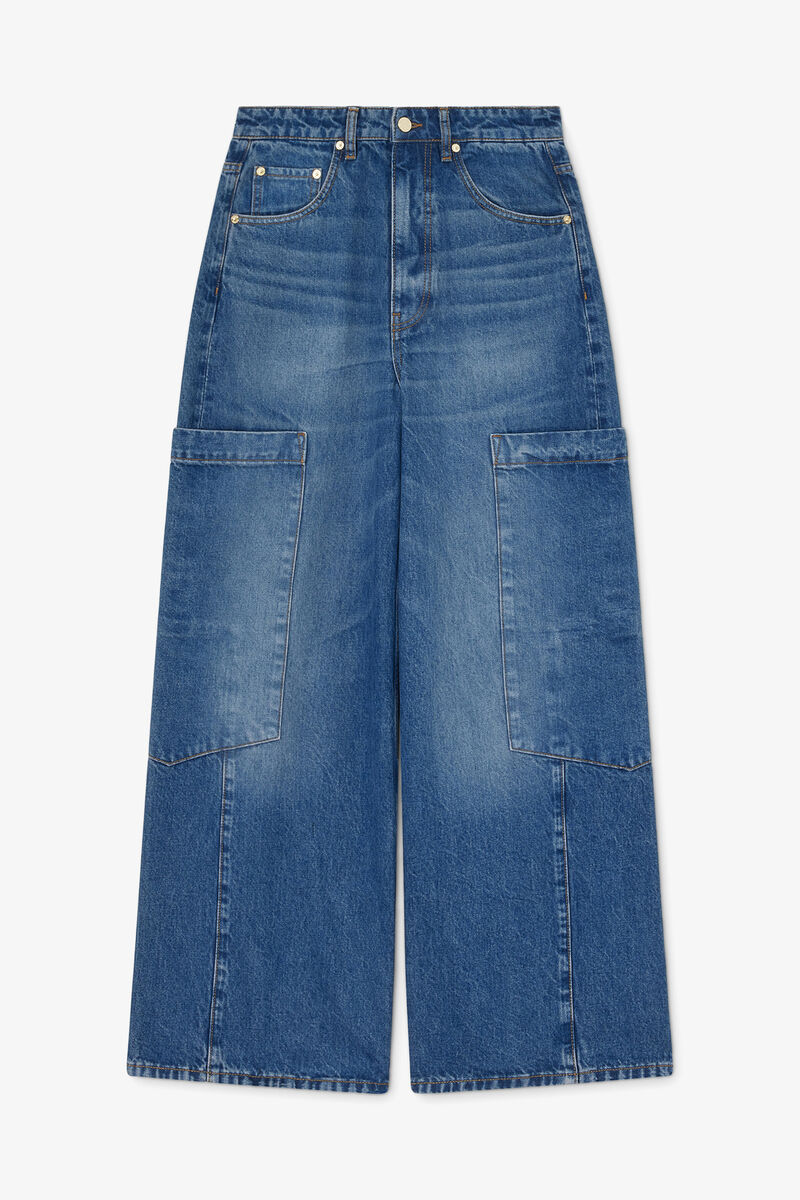 Baggy Cargo Jeans in Rigid Denim, Organic Cotton, in colour Mid Blue Stone - 1 - GANNI