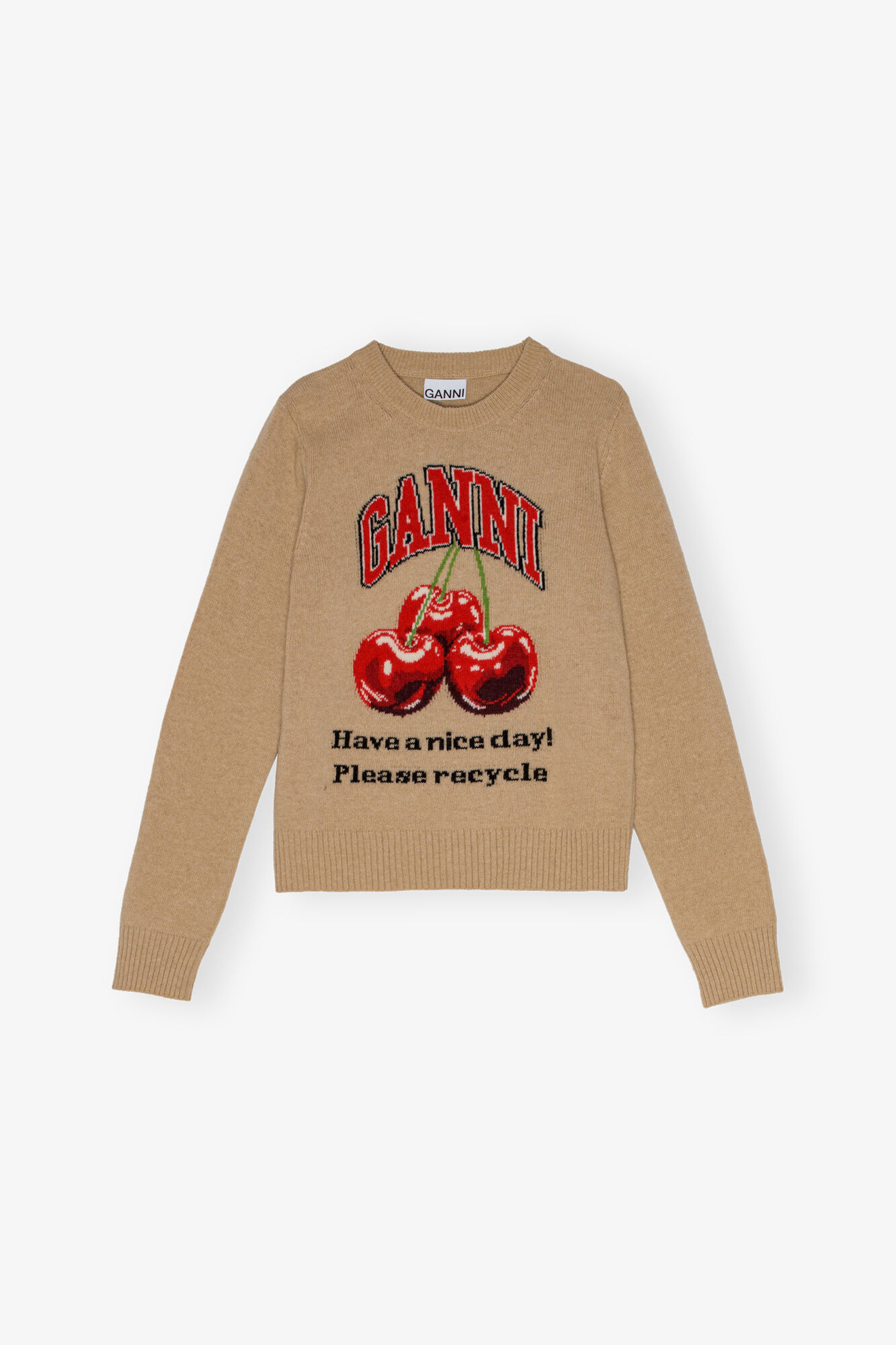 Camel Graphic Cherry Jumper, Wool, in colour Safari - 1 - GANNI
