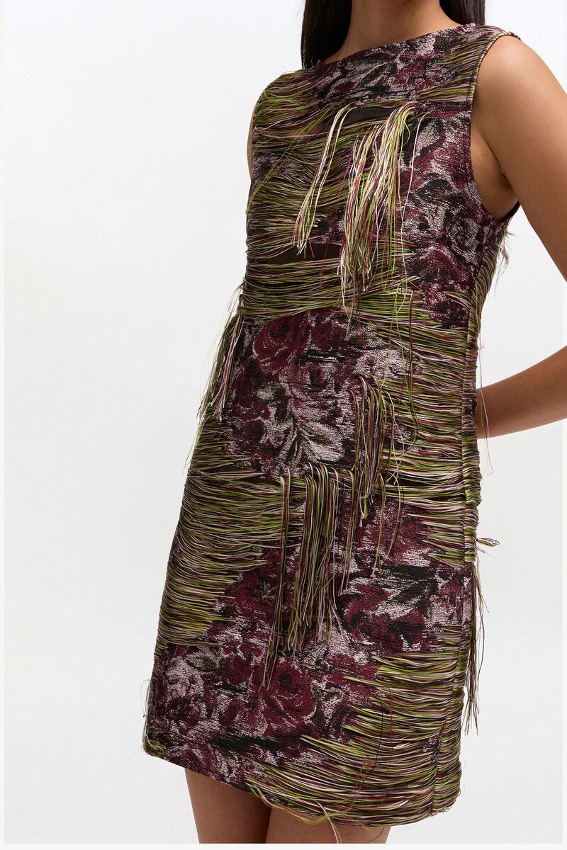 Tapestry Fringed Mini Dress, Polyester, in colour Tawny Port - 1 - GANNI