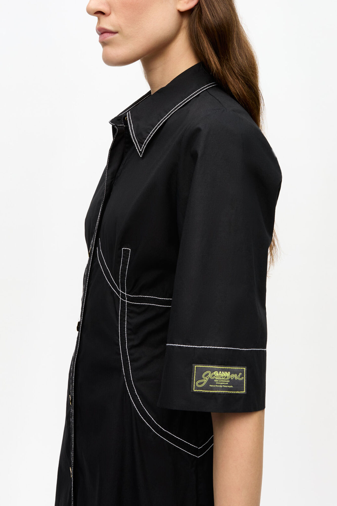 Black Cotton Poplin Shirt Dress, Organic Cotton, in colour Black - 5 - GANNI