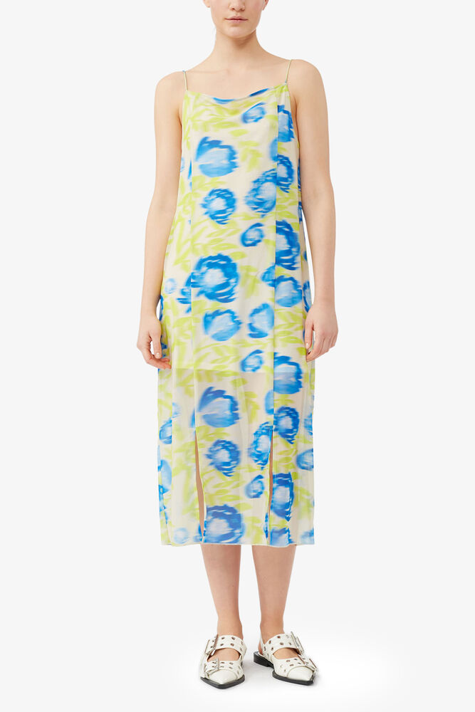 Printed Mesh Slip Dress, Strong Blue