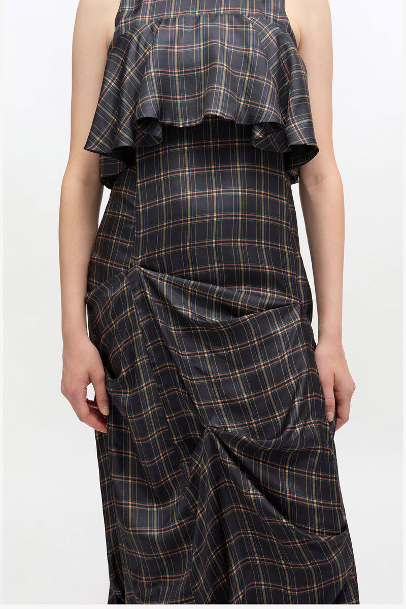Check Ruffle Dress, Organic Wool, in colour Charcole Art - 1 - GANNI