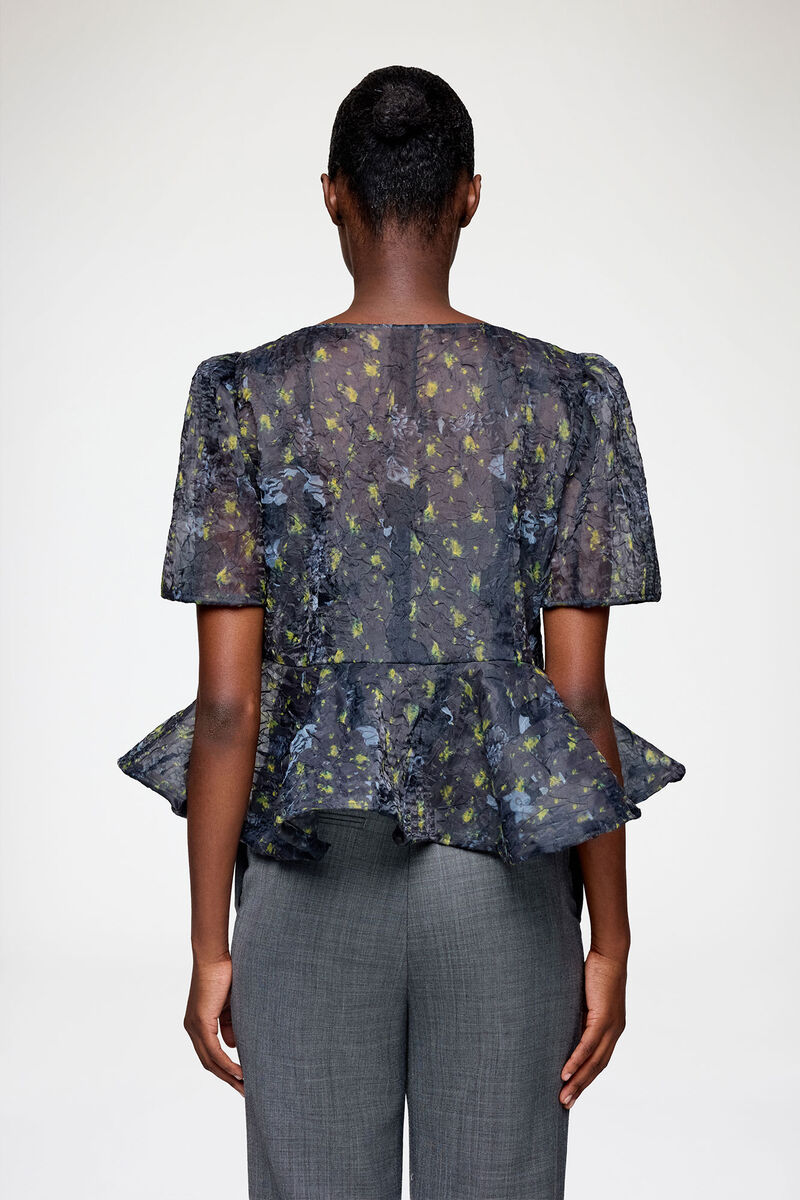 Peplum Blouse in Shibori Organza, Recycled Polyester, in colour Black Sand - 3 - GANNI