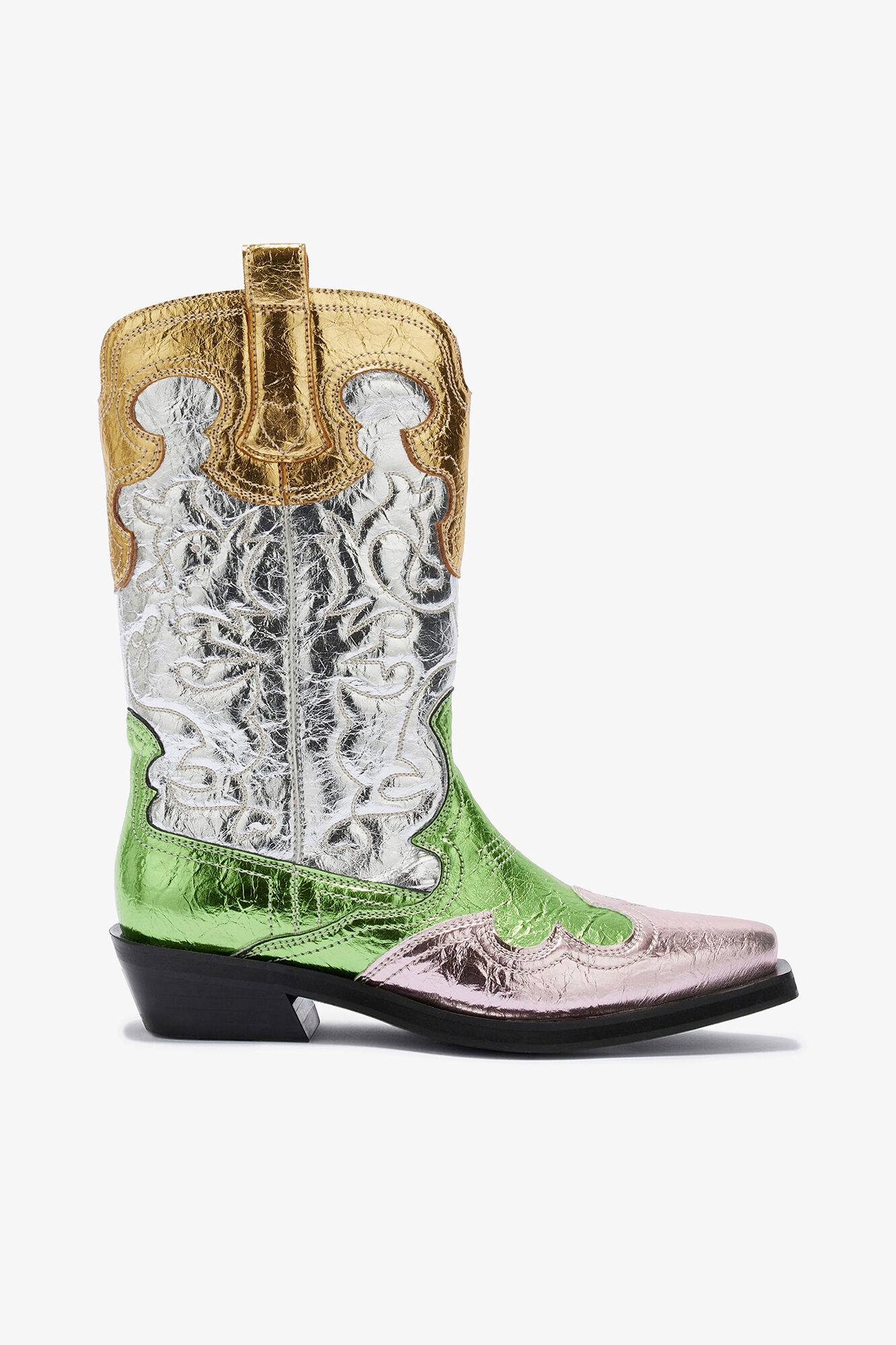 Mid Shaft Embroidered Western Boots, Polyurethane, in colour Multicolour - 1 - GANNI