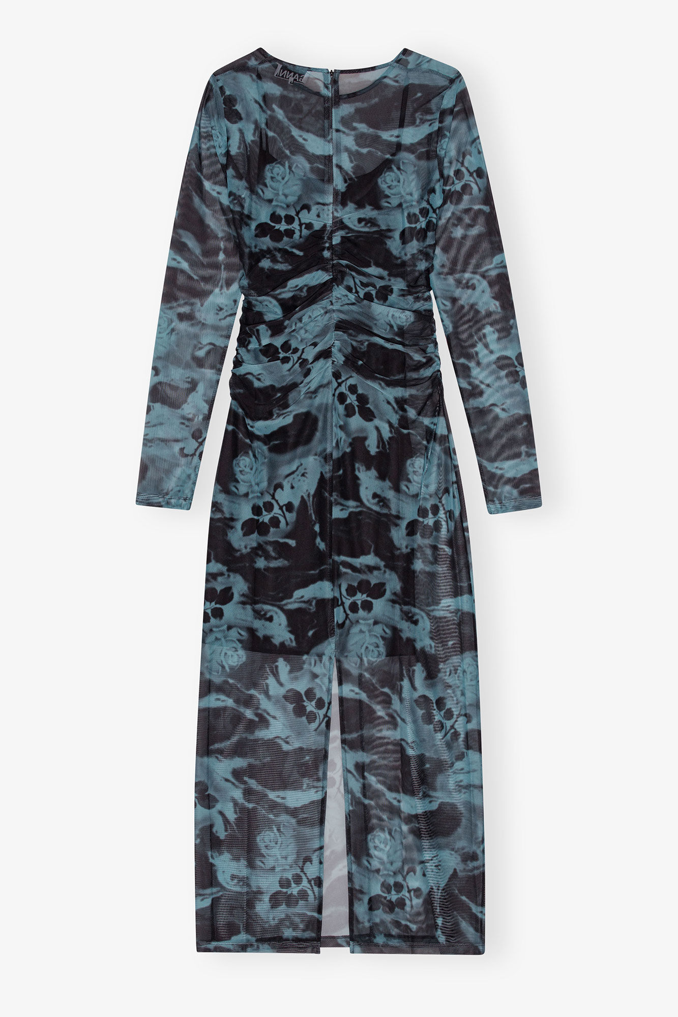 Blue Printed Mesh O-neck Ruched Long Dress, Recycled Polyester, in colour Blue Shadow - 2 - GANNI
