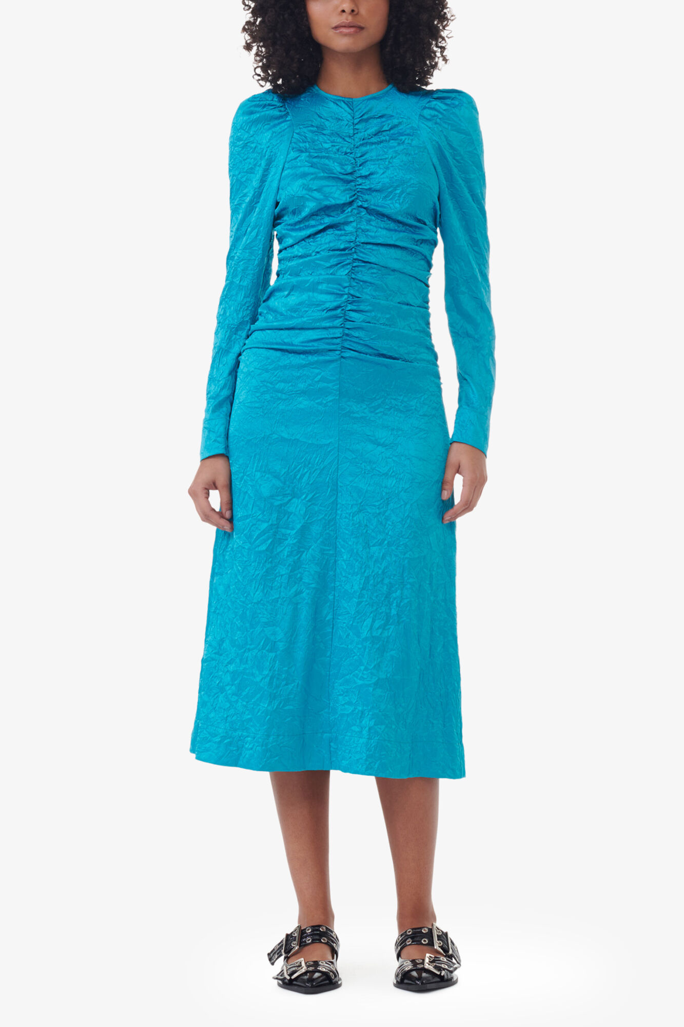 Blue Crinkled Satin O-Neck Midi Dress, Recycled Polyester, in colour Algiers Blue - 1 - GANNI
