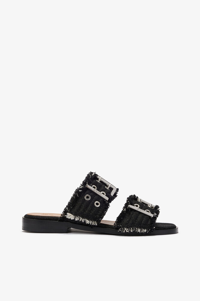 Feminine Buckle Two-Strap Sandals in Black, Black