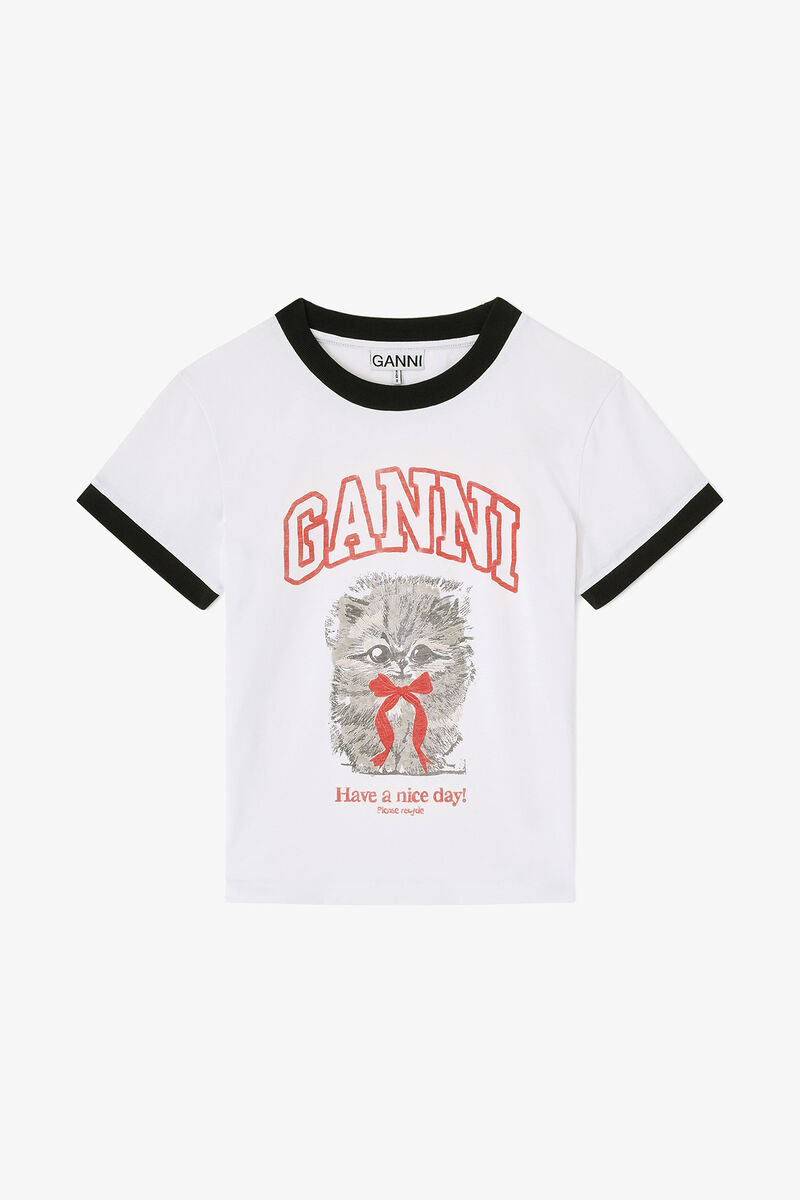 White Cropped Kitty T-shirt, Organic Cotton, in colour Bright White - 1 - GANNI