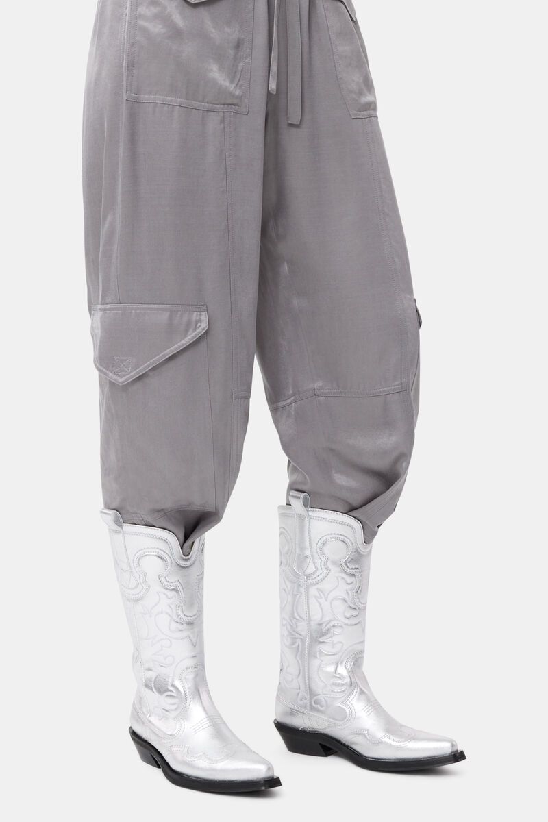 Silver Mid Shaft Embroidered Western Boots, Recycled Polyester, in colour Silver - 1 - GANNI