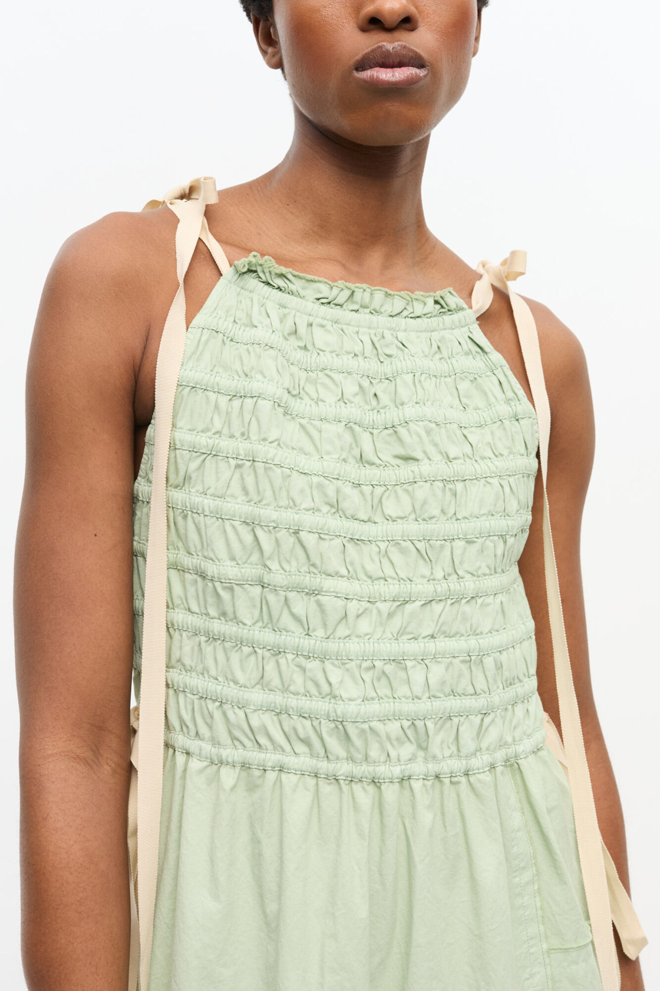 Light Green Smocked Tiered Dress, Organic Cotton, in colour Frosty Green - 3 - GANNI