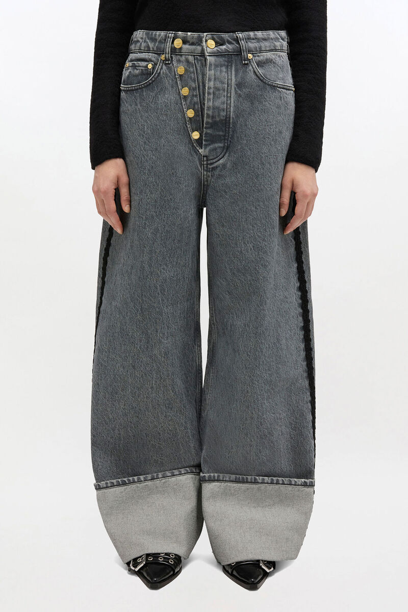 Baggy Jeans with Double Fly, Organic Cotton, in colour Slate Grey - 1 - GANNI