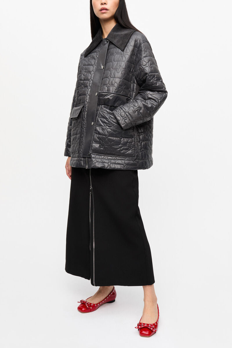 Veste midi matelass&eacute;e noir brillant, Recycled Nylon, in colour Phantom - 1 - GANNI