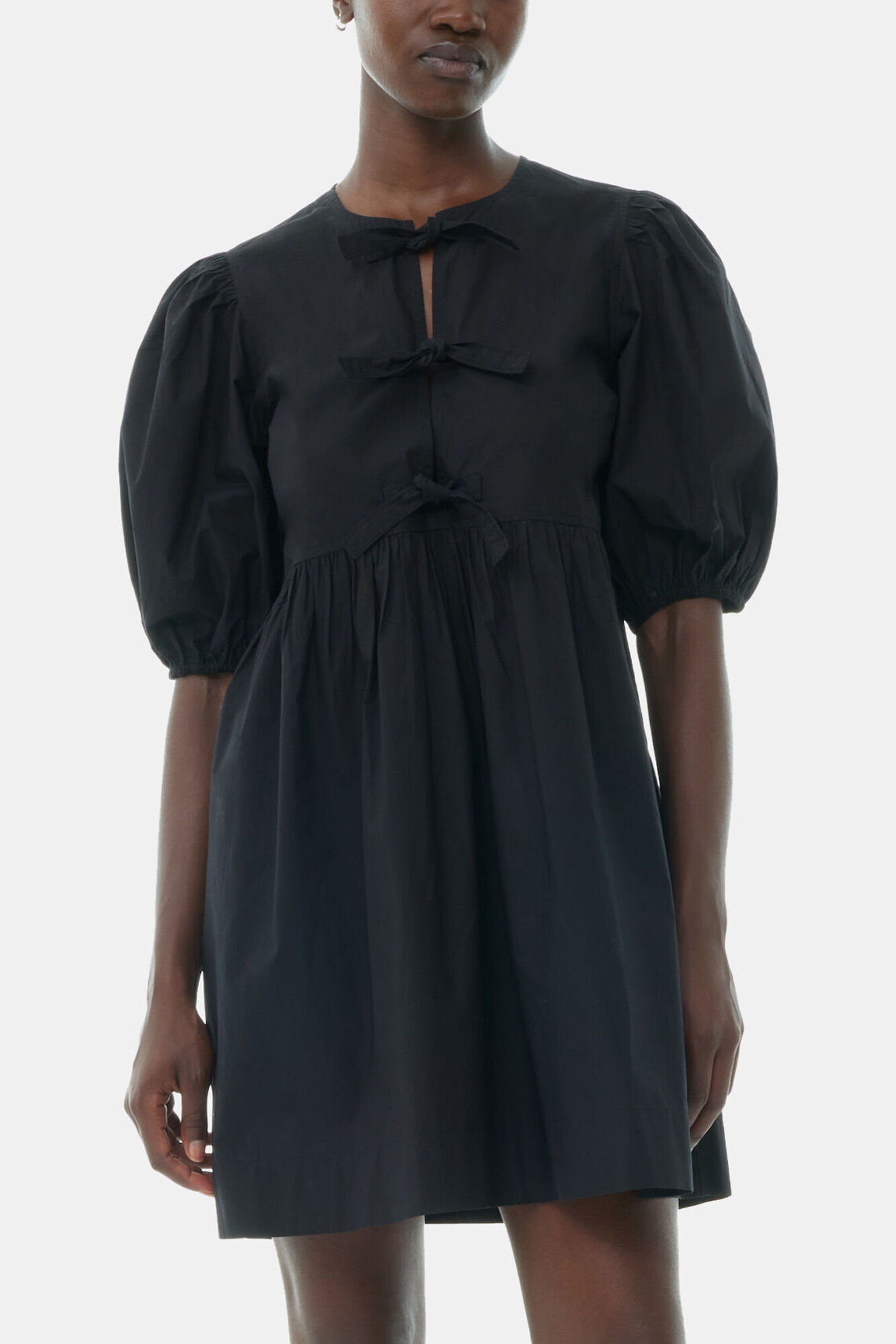 Black Cotton Poplin Tie String Mini Dress, Organic Cotton, in colour Black - 2 - GANNI