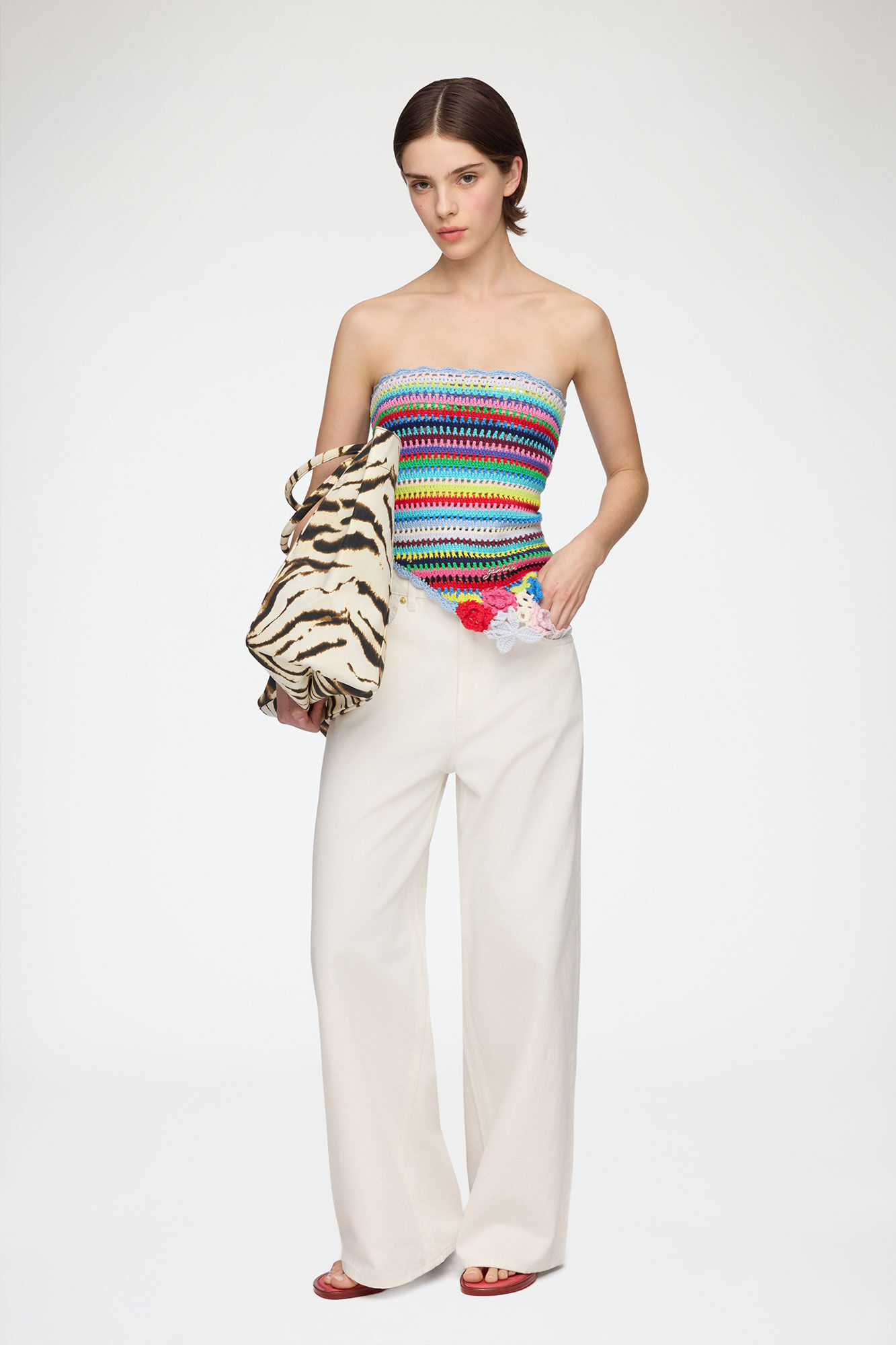 Scarf in Striped Crochet, Organic Cotton, in colour Multicolour - 2 - GANNI